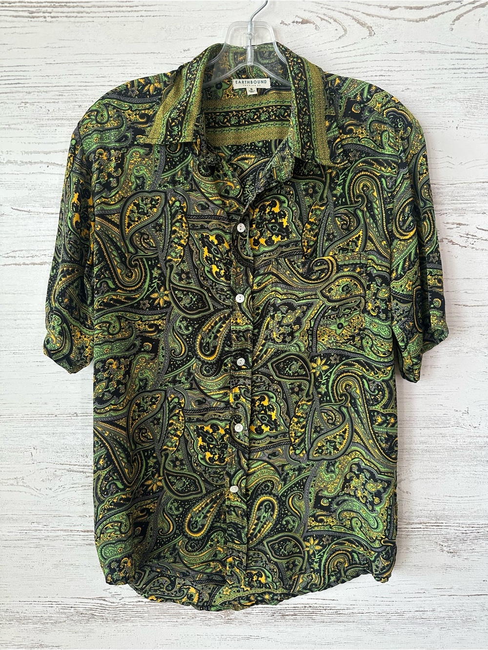 EARTHBOUND Paisley Boho Tribal Floral Shirt S Green Made in India